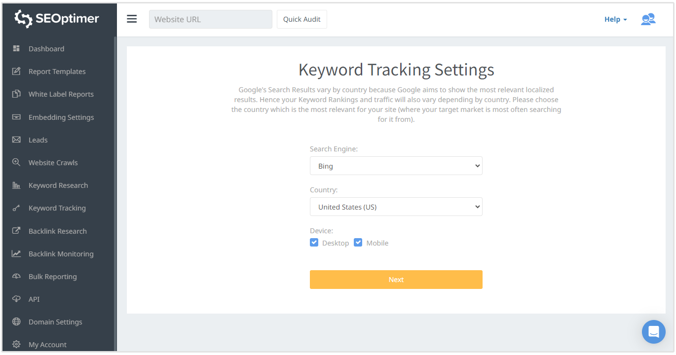 bing keyword tracking on seoptimer